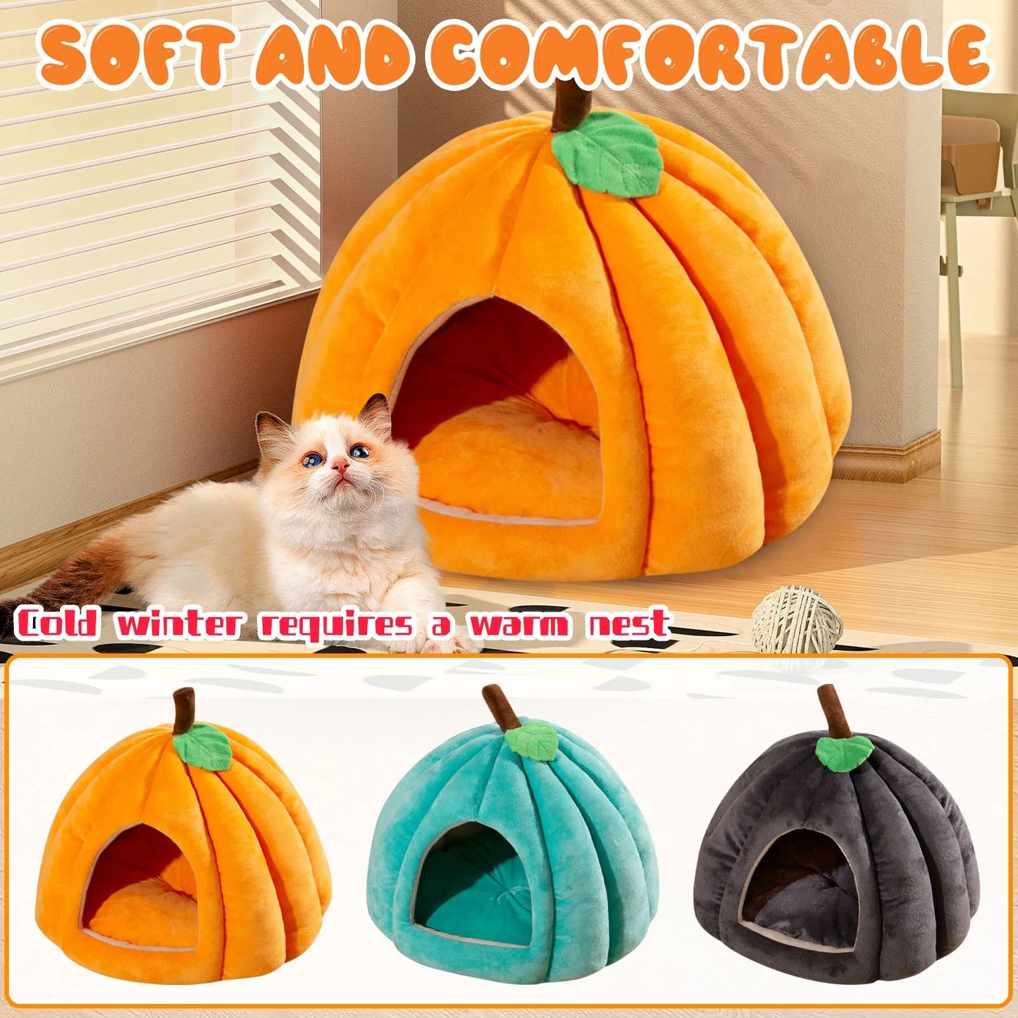 Halloween Theme Pumpkin Shape Autumn And Winter Comfy Cat And Dog Semi-enclosed Pet Bed Warm And Thick Cat And Dog House