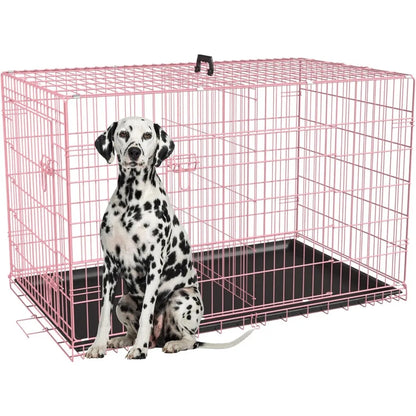 Extra Large Dog Crate with Double Door, 48 Inch Folding Metal Wire Cage, Removable Tray & Divider Panel for Large Dogs in Pink