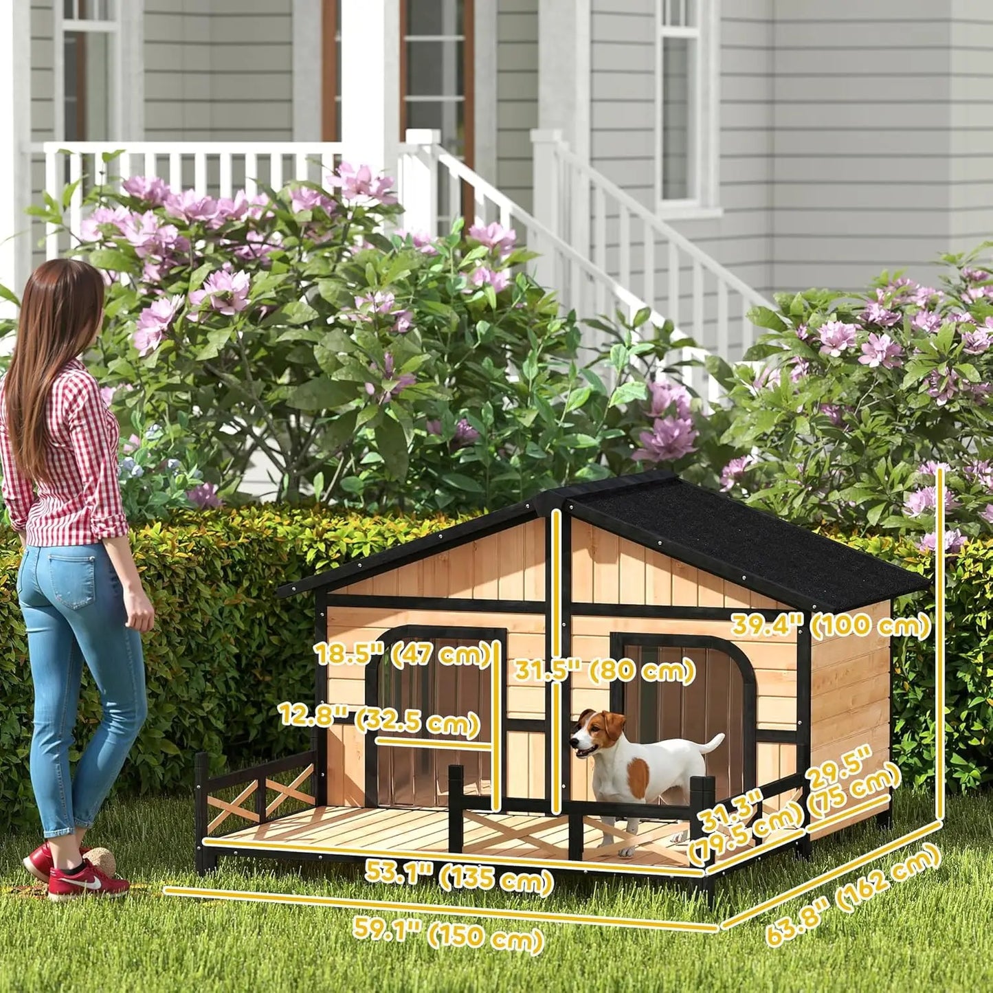 Dog House Outdoor, Wooden Dog Kennel Weatherproof with Porch, Openable Roof, Removable Bottom, Elevated Floor, Double Roo