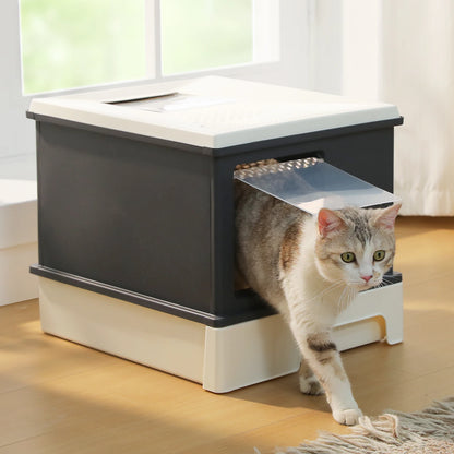 Enclosed Cat Litter Box with Scoop, Large Litter Box for Indoor, Cat Toilet with Lid, Pull-Out Drawer, Top Exit Anti-Tracking