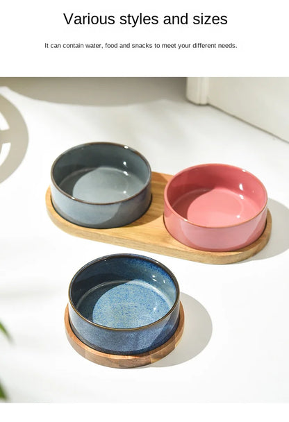 Dog Bowl Ceramic Matte Pet Bowl Cervical Spine Protector Anti Knock Over Wooden Tray Pet Feeding Supplies Cat Accessories