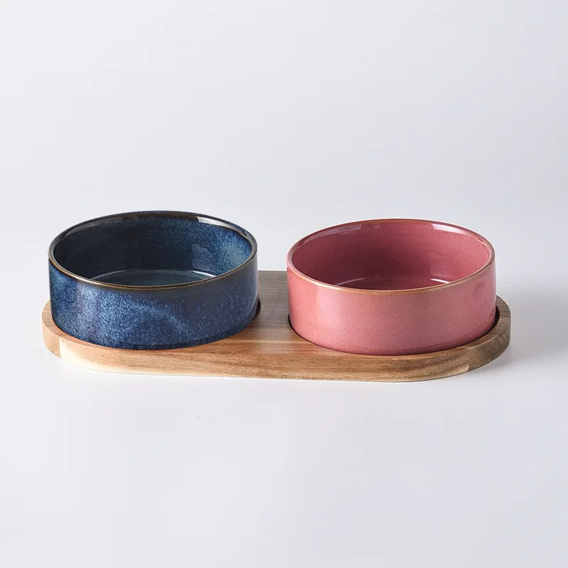 Dog Bowl Ceramic Matte Pet Bowl Cervical Spine Protector Anti Knock Over Wooden Tray Pet Feeding Supplies Cat Accessories