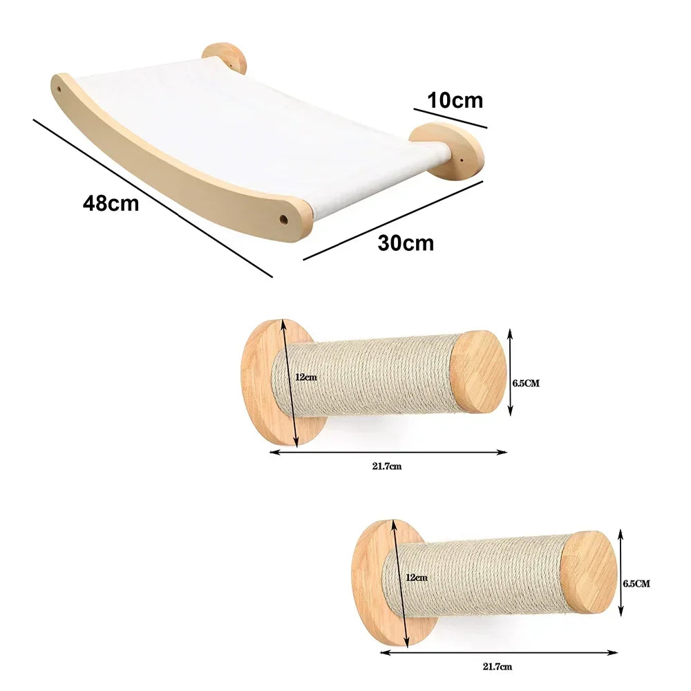 Wooden Cat Climbing Shelves Wall Mounted Cat Tree Sisal Scratching Post Pedal Hammock Indoor Kitten Playground Cats Accessories