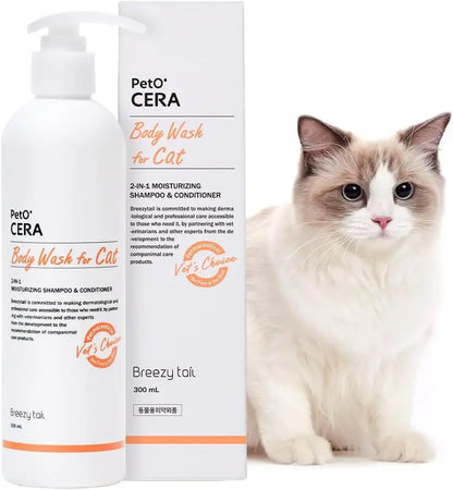 PetO'Cera All-in-One Cat Shampoo & Conditioner | Hypoallergenic, Itch Relief, Moisturizing | Vet Approved (300ml, Unscented)
