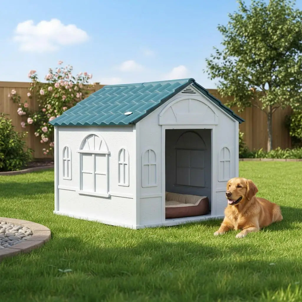 Plastic Weather-Resistant Dog House, for Indoors and Outdoors, Medium Dogs - White and Blue