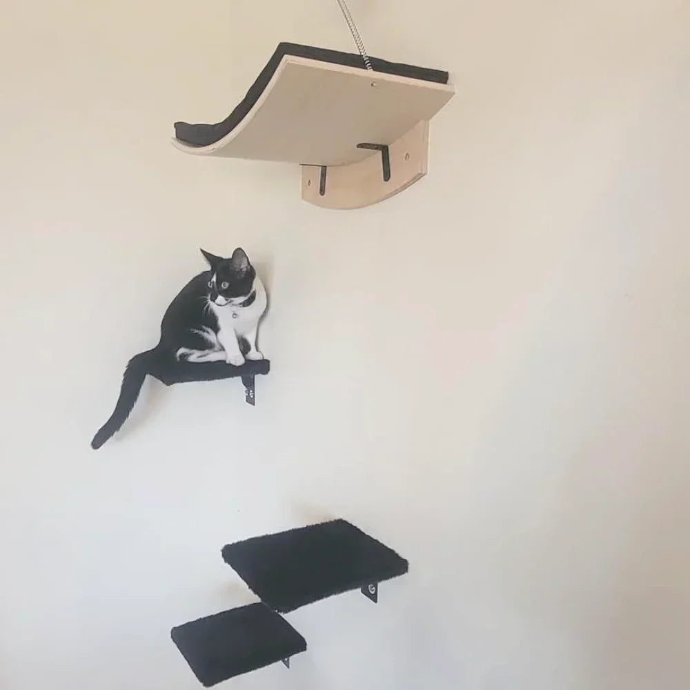 Wall-Mounted Cat Hammock Cat Climbing Stairs Solid Wood Cat Tree Tower Scratcher Rope Ladder Kitten House Indoor Cat Playground