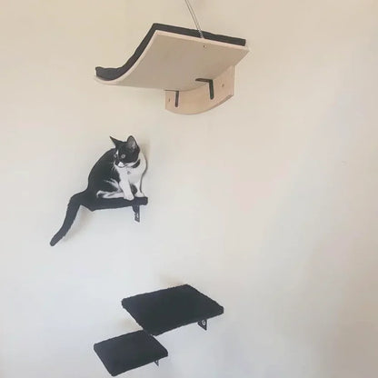 Wall-Mounted Cat Hammock Cat Climbing Stairs Solid Wood Cat Tree Tower Scratcher Rope Ladder Kitten House Indoor Cat Playground