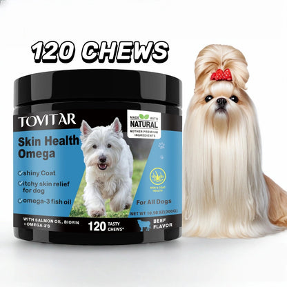 Dog Skin Care Health Omega Chewable Tablets -A dog Omega supplement rich in Omega 3/6/9, fish oil, and DHA-120 Beef Chewable