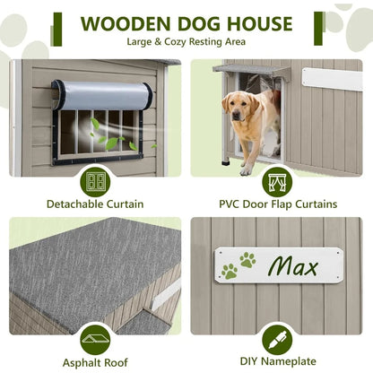 Large Dog House Outdoor XL Wooden Dog House with Weatherproof Asphalt Roof, Chew-Resistant Frame, Removable Floor, for Medium to