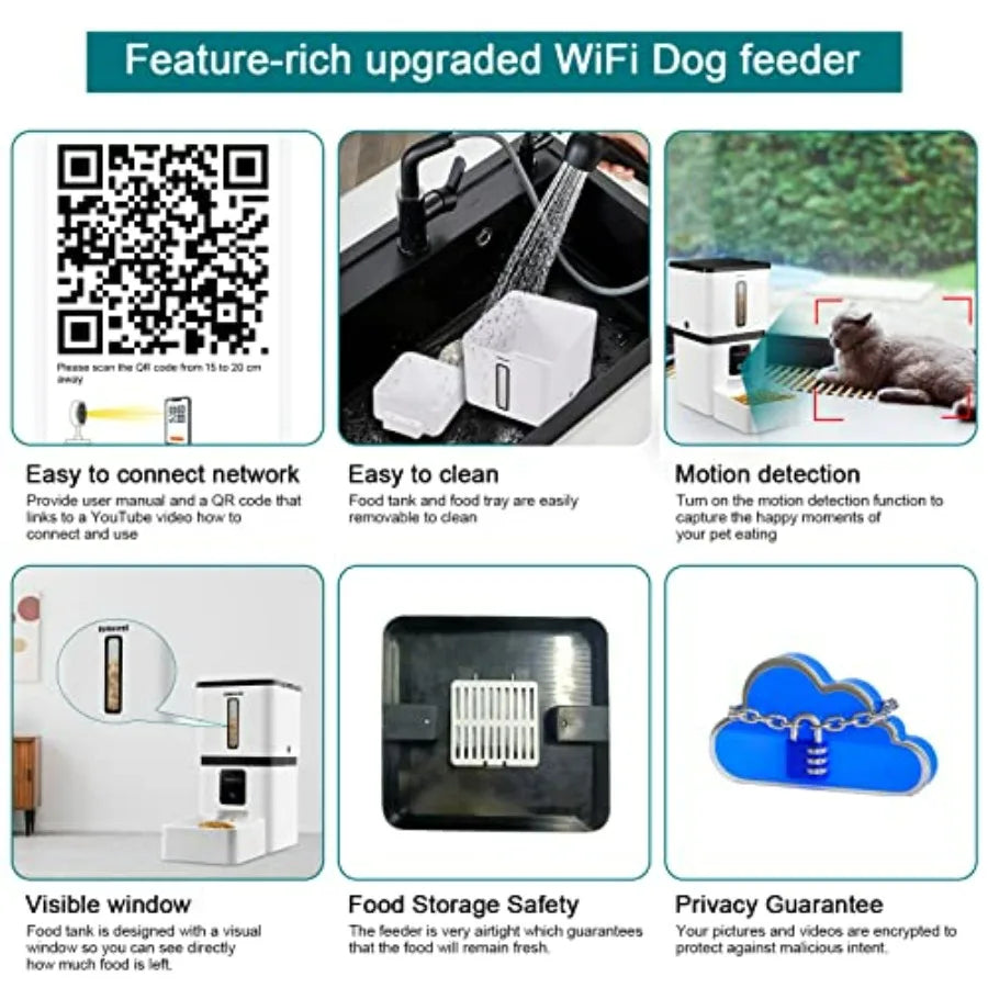 Automatic Dog Feeder with Camera for Home Use: 5G WiFi Connectivity Easy Setup 8L Capacity Motion Detection Smart Cat Food Disp