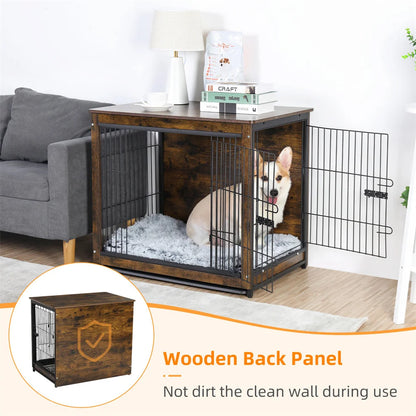 Large Elevated Dog Crate Wooden Dog Kennel Cage Pet House End Table with Double Door and Removable Tray Rustic Furniture Indoor