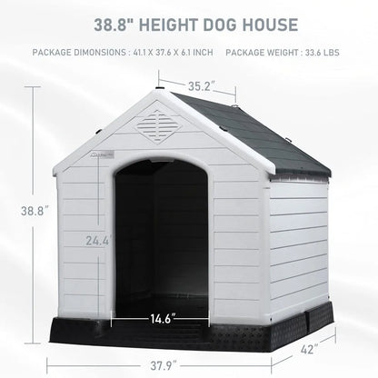 Durable Waterproof Plastic Dog House for Small to Large Sized Dogs, Indoor Outdoor Doghouse Puppy Shelter with Elevated Floor