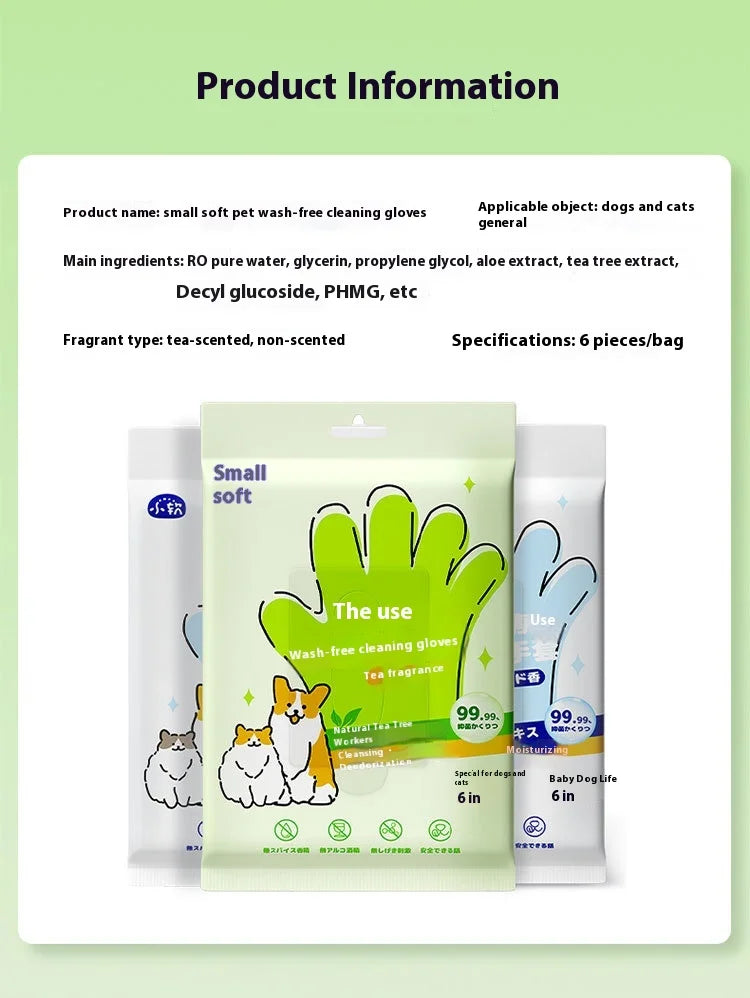 Pet Unwashed Gloves, Dog Bath Deodorizing, Cat Puppy and Kitten Dry Cleaning, Paw Wet Wipes, Cleaning Supplies 6 Pieces