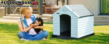 Durable Waterproof Plastic Dog House for Small to Large Sized Dogs, Indoor Outdoor Doghouse Puppy Shelter with Elevated Floor