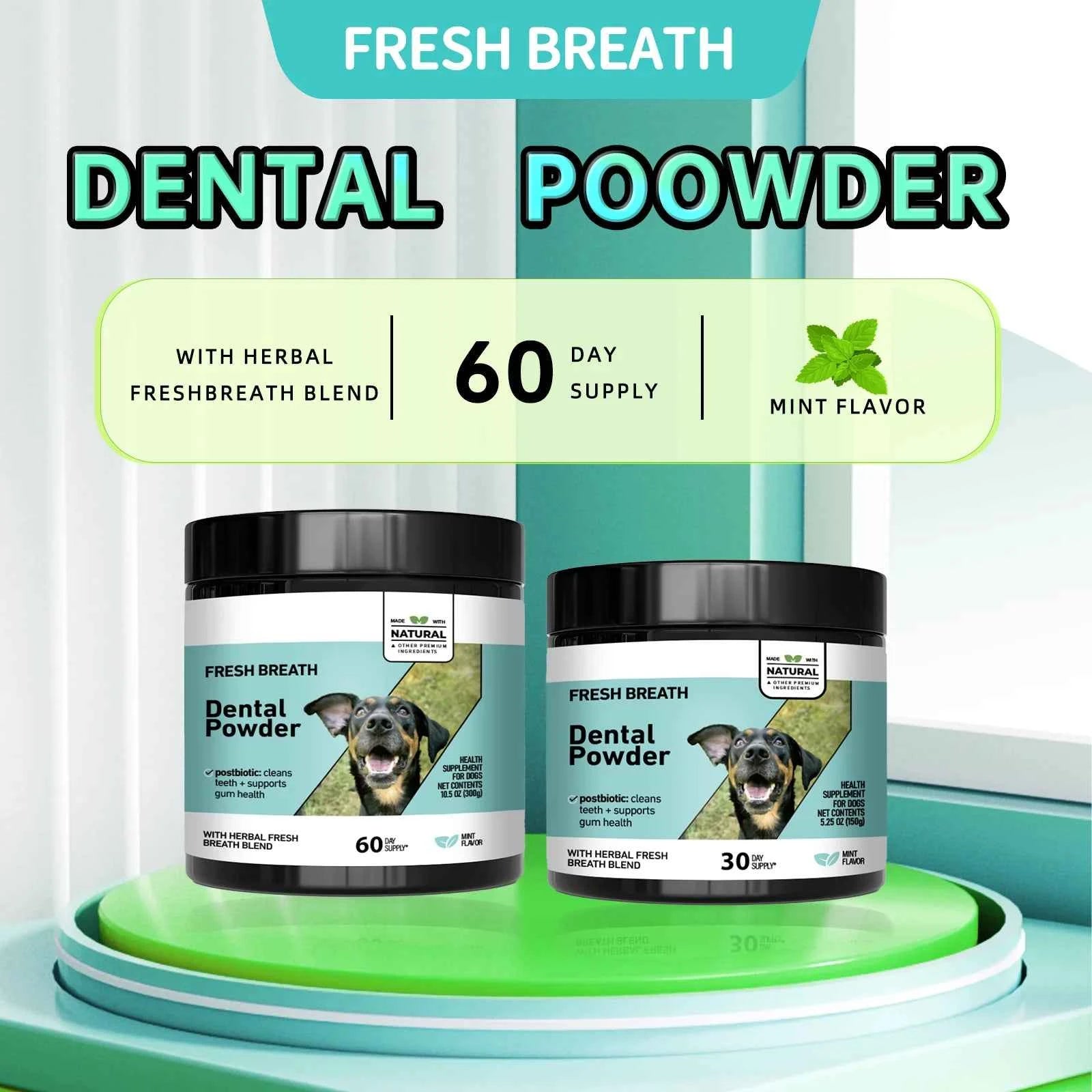 Mint Herbal Pet Teeth Powder - Anti-Tartar Formula for Dogs & Cats, Freshens Breath & Promotes Oral Health Naturally.