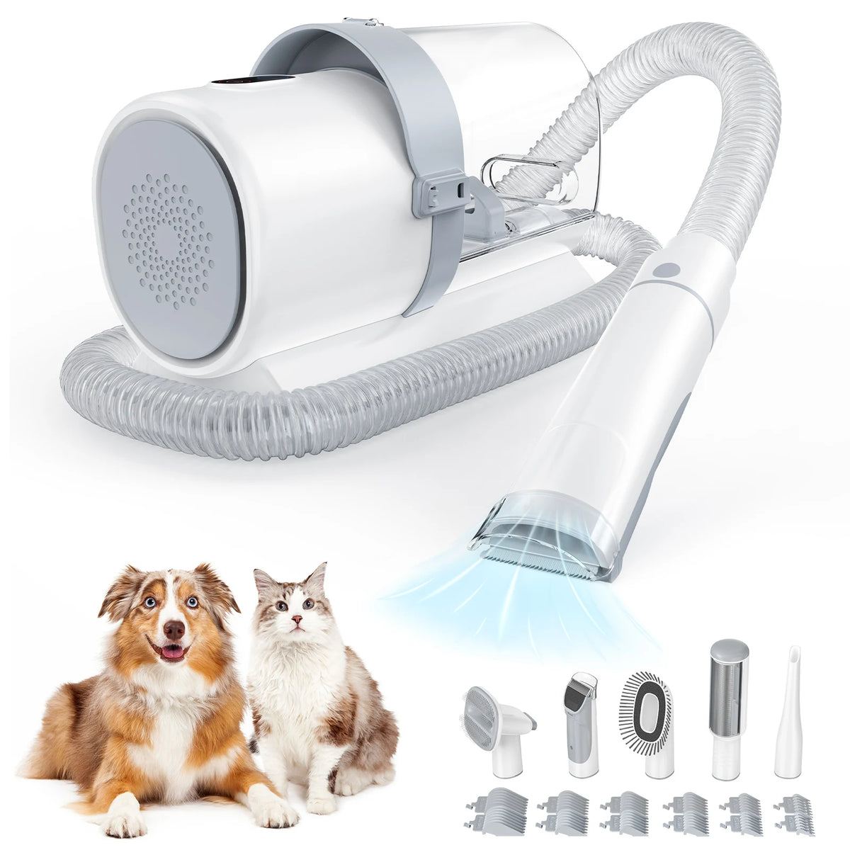 Pet grooming tool with attachments and two dogs on a white background