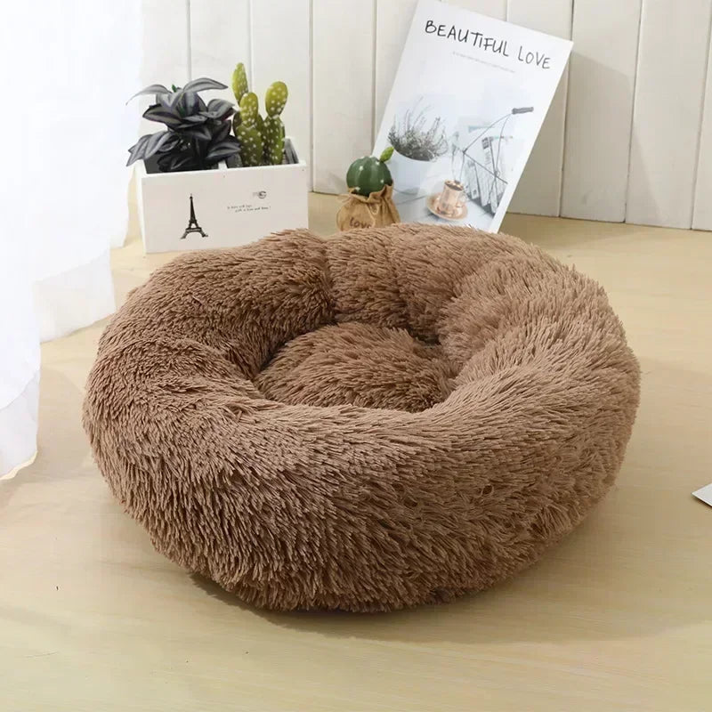 Round Plush Pet Bed - Self Warming Kennel, Machine Washable Mat with Non-Slip Bottom, Soft Cushion House Bed for Cats Dogs