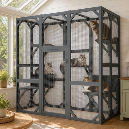 Large Wooden Catio Outdoor Cat Enclosure  Walk-in Cat House with Platforms & Rest Box   Weatherproof Cat Cage for Multiple Cats
