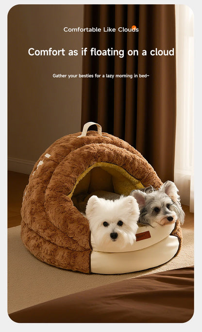 HOOPET Winter Dog Bed with Roof, Semi-Enclosed Warm House & Soft Pad, Plush Security Feeling Comfort Pet Nest for Small Dogs