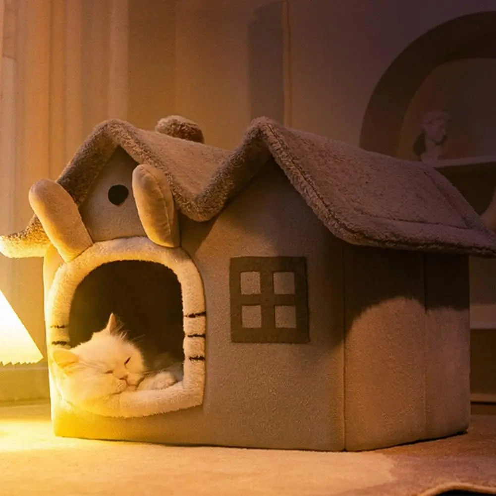 Double Roof Indoor Dog House Cat Nest,Foldable Warm Soft Kennel,30D High Elastic Memory Sponge,Removable Cushion Non-Slip Bottom