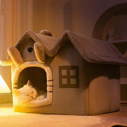 Double Roof Indoor Dog House Cat Nest,Foldable Warm Soft Kennel,30D High Elastic Memory Sponge,Removable Cushion Non-Slip Bottom