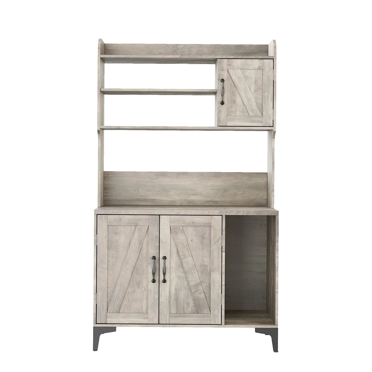 Rustic Farmhouse Hidden Cat Litter Box Enclosure 4-Tier Storage Shelves & 2 Cabinets Wood Cat Washroom Furniture For Indoor Use