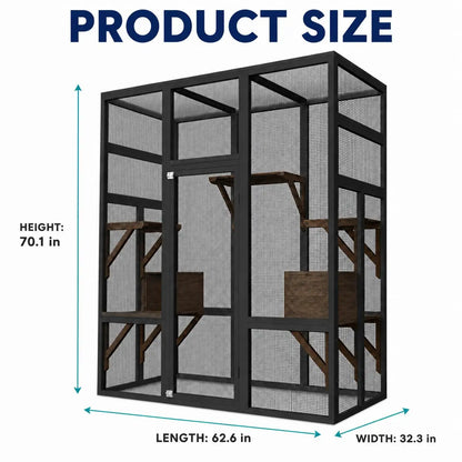 70in Outdoor Catio Cat Enclosure, Large Wooden Cat House With Waterproof UV Roof, 5 Platforms 2 Rest Boxes For Patio Backyard Cats