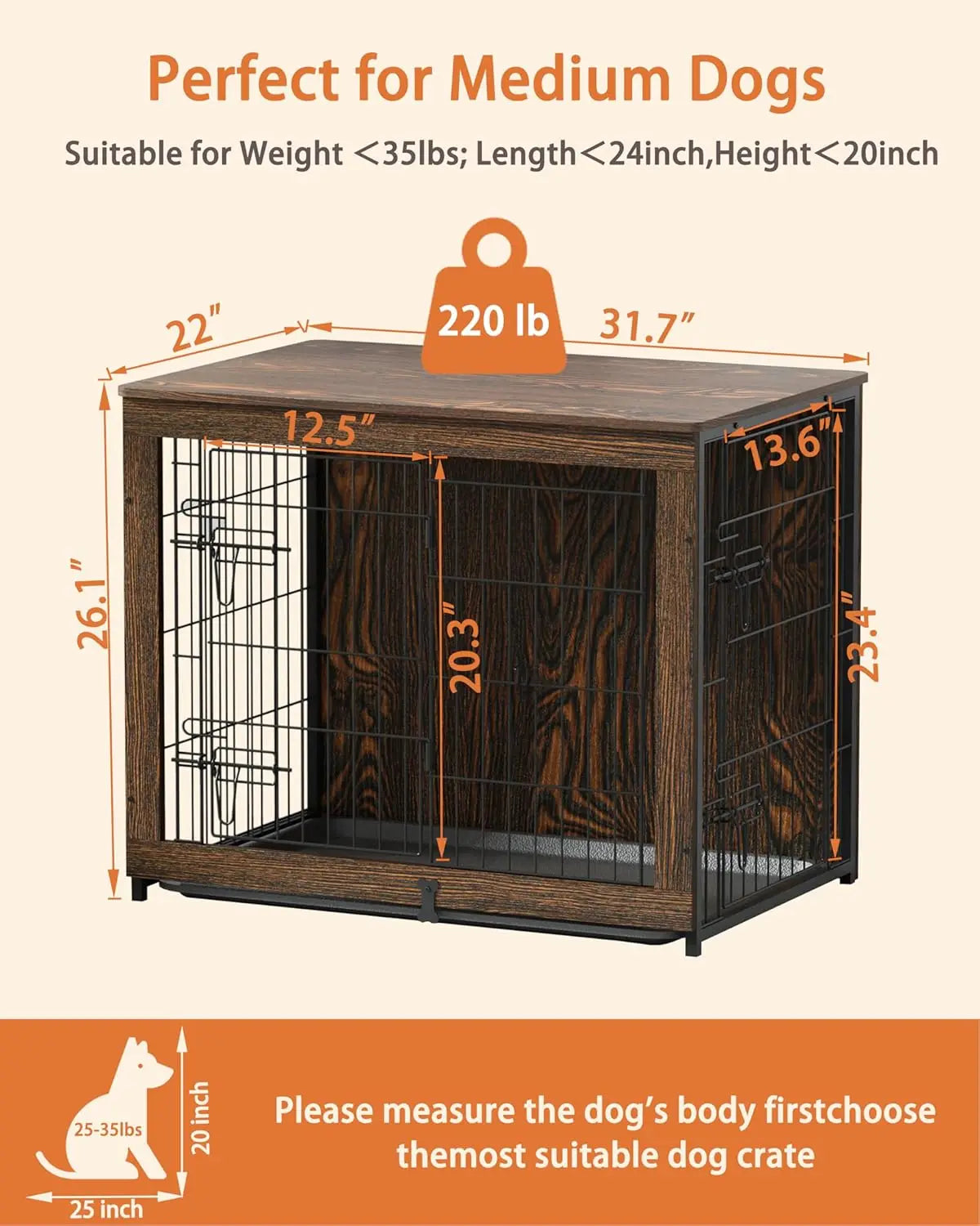 Wooden Dog Crate Furniture with Cushion, Medium Kennel End Table with Tray, Double Doors Indoor Pet House (32" L*22" W*26" H)