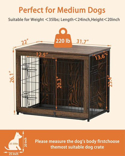 Wooden Dog Crate Furniture with Cushion, Medium Kennel End Table with Tray, Double Doors Indoor Pet House (32" L*22" W*26" H)
