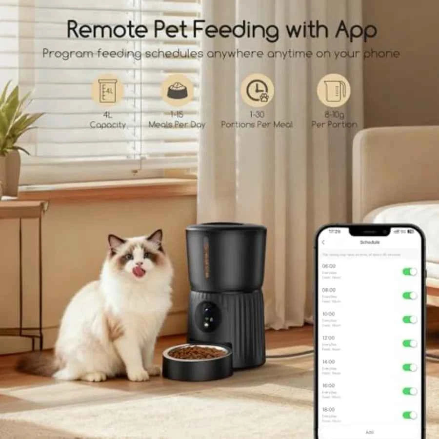 Automatic cat feeder with camera for home use ABS plastic black 1080P HD video with night vision 5G WiFi APP control 2-way audi