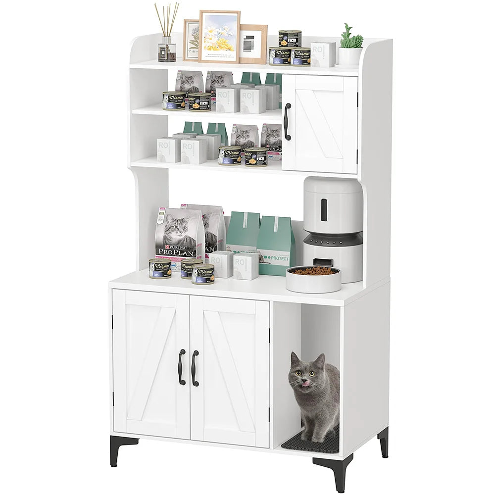 Rustic Farmhouse Hidden Cat Litter Box Enclosure 4-Tier Storage Shelves & 2 Cabinets Wood Cat Washroom Furniture For Indoor Use