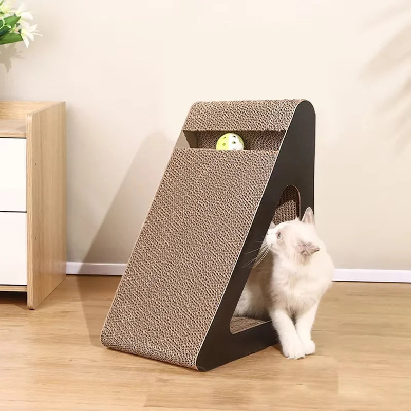 Pet Stress-Relief Triangle Cat Scratcher Made of Sturdy Cardboard with Interactive Spinning Balls