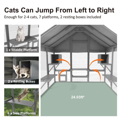 71"Catio Outdoor Cat Enclosure for Multiple Cats Large Wooden Walk in Cats House Outside Weatherproof Roof
