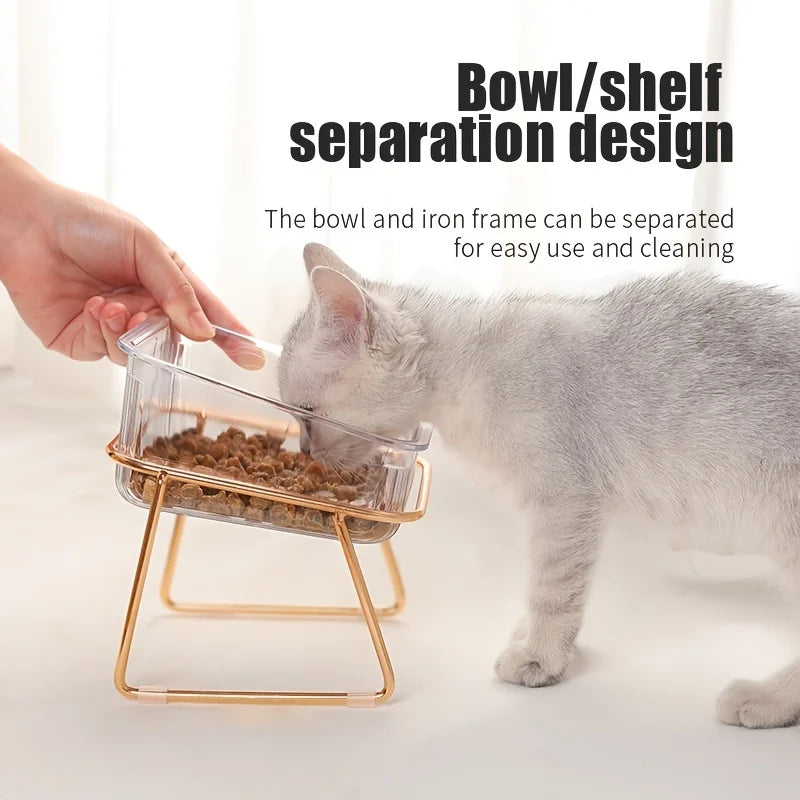 Transparent Elevated Dual Cat Bowl, 2-in-1 Raised Feeder for Food & Water, Tilted Design for Easy Eating, Ideal for Cat Health