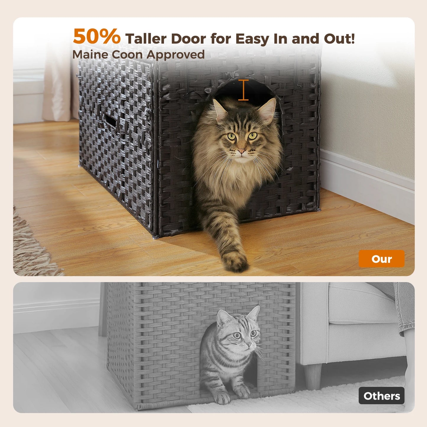 Rattan Cat Litter Box Enclosure Furniture with Door, Handwoven Rattan Hidden Litter Box Living Room Odor Control, Cat House Bed