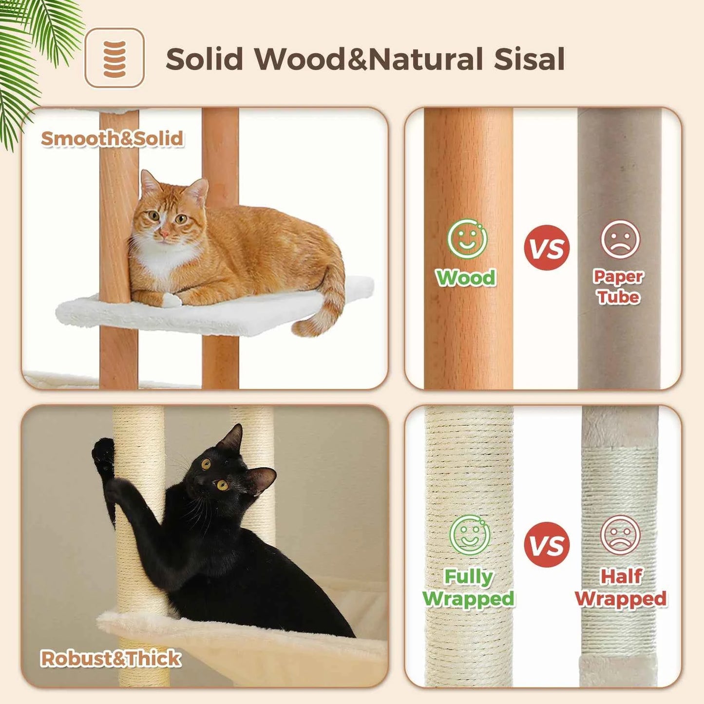 Multi-Level Cat Tree for Indoor Cats Tall Wooden Cat Tower with Sisal Scratching Post Spacious Hammocks Large Cat Condo Cat Toys