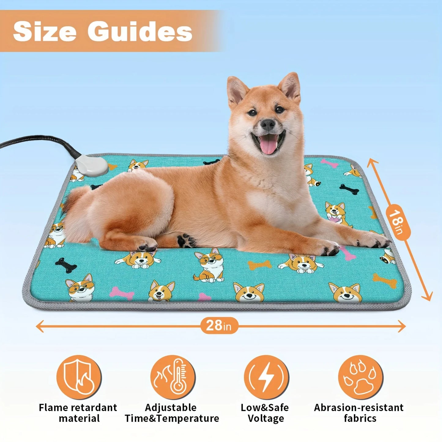 Dog Heating mat, Heating dog bed with Digital Display Switch, Pet Warming Mat with Machine-washable cover, Indoor Dog heating pad, Chew-resistant cord, Blue Dog Design. JUYHGV