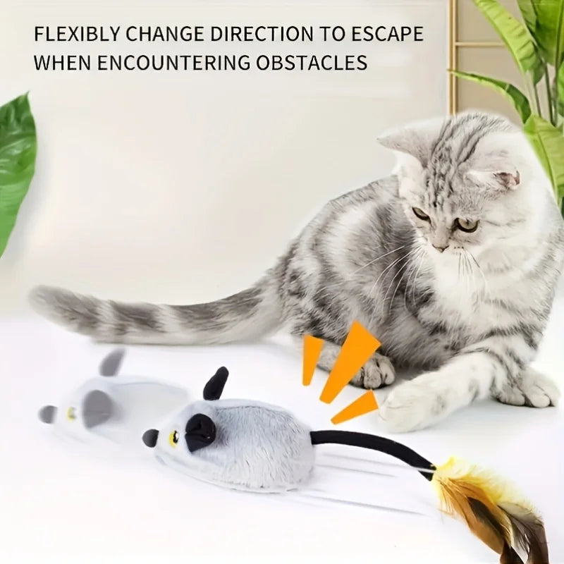 Interactive plush cat toy with sound and LED lighting, USB rechargeable, automatic mouse movement