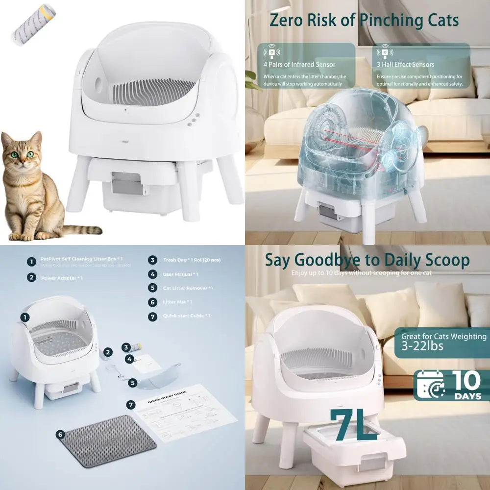 Automatic Top-Opening Multi-Cat Litter Box with Safety Features, Mat & Liner Included, White