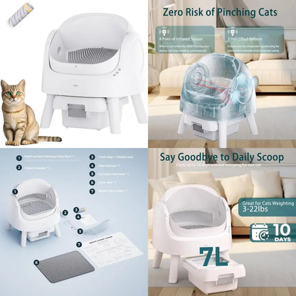 Automatic Top-Opening Multi-Cat Litter Box with Safety Features, Mat & Liner Included, White