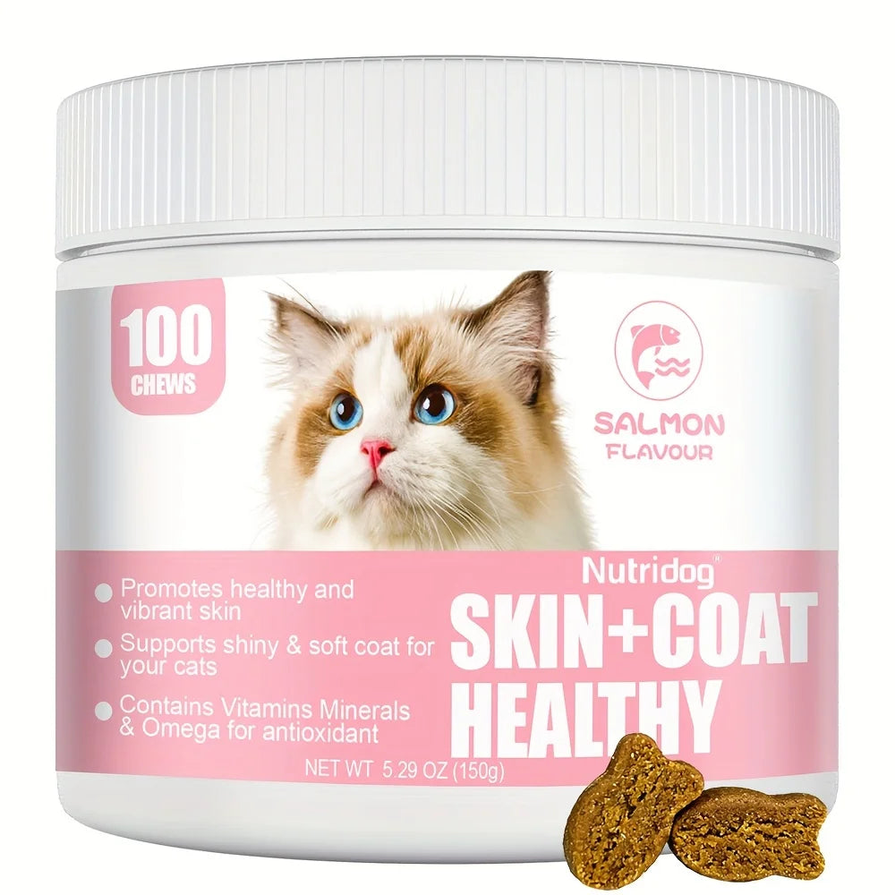 Nutridog Omega Skin And Coat Soft Chew -Omega 3 Fish Oil Skin And Coat Supplement - Shedding, Support Healthy Shiny Hair-Salmon Flavor-120 Chews-For Cats- Lysine Health Chews