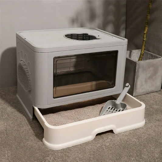 Enclosed Foldable Cat Litter Box – Dual Entry with Massager & Litter Scoop - Pet Suppie