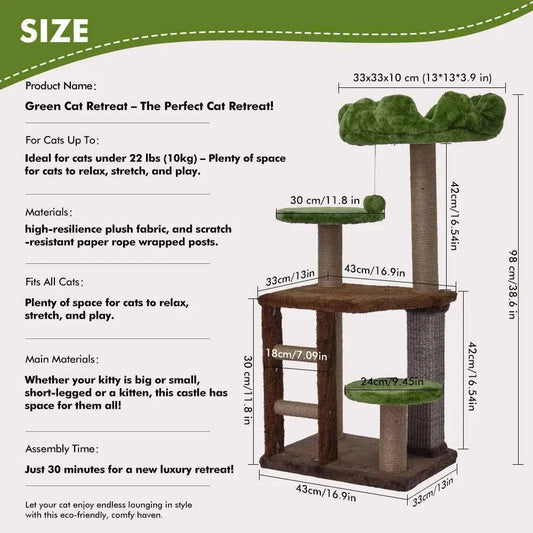 Medium Cat Tree: Green Staircase Multi-Tier Cat Tower with Scratching Post and Cozy Perch Cat Climbing Frame