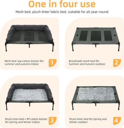 Outdoor Elevated Dog Bed Cooling Raised Pet Lounger Bed Mesh Cot Sleep Camping Bed with Detachable Plush Bolster