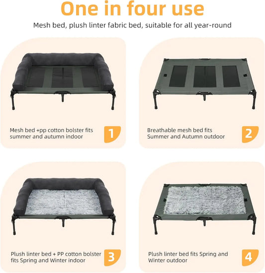 Outdoor Elevated Dog Bed Cooling Raised Pet Lounger Bed Mesh Cot Sleep Camping Bed with Detachable Plush Bolster