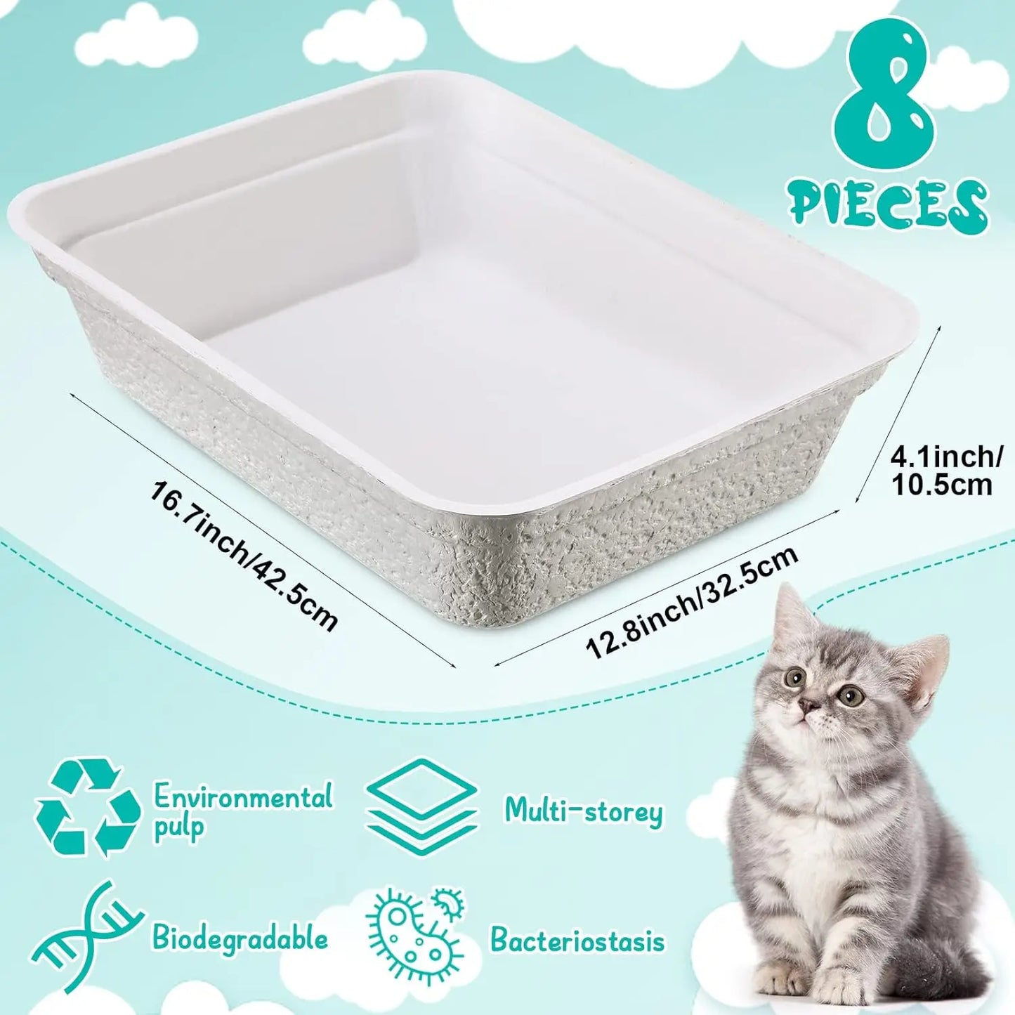 8 Pcs Disposable Cat Litter Boxes, 16.7 x 12.8 Inch White Portable 2-in-1 Travel Pan for Cats & Small Pets