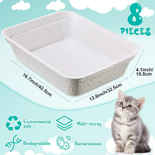 8 Pcs Disposable Cat Litter Boxes, 16.7 x 12.8 Inch White Portable 2-in-1 Travel Pan for Cats & Small Pets