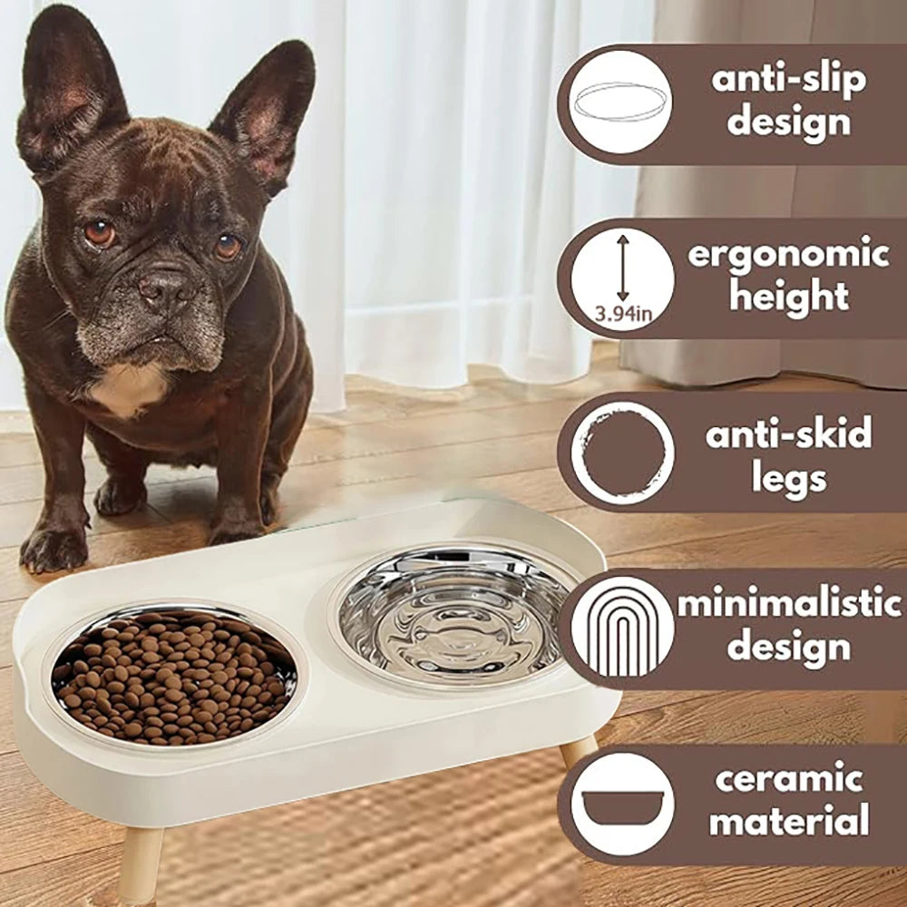 Ceramic Cat Bowls Double Set - Large Aperture Food & Water Bowls, Anti - Tip Design, Neck - Care for Cats and Dogs