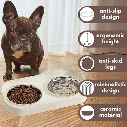 Ceramic Cat Bowls Double Set - Large Aperture Food & Water Bowls, Anti - Tip Design, Neck - Care for Cats and Dogs