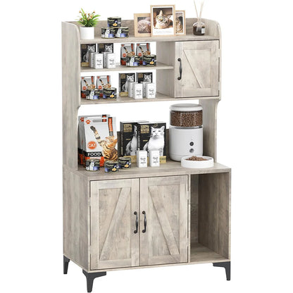 Rustic Farmhouse Hidden Cat Litter Box Enclosure 4-Tier Storage Shelves & 2 Cabinets Wood Cat Washroom Furniture For Indoor Use